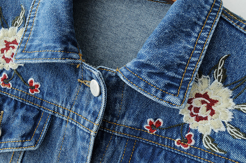 Fashion Blue Embroidery Flower Decorated Long Sleeves Coat,Coat-Jacket
