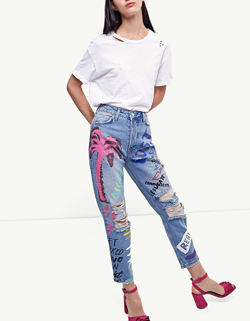 Fashion Blue Cartoon Pattern Decorated Holes Jeans,Pants