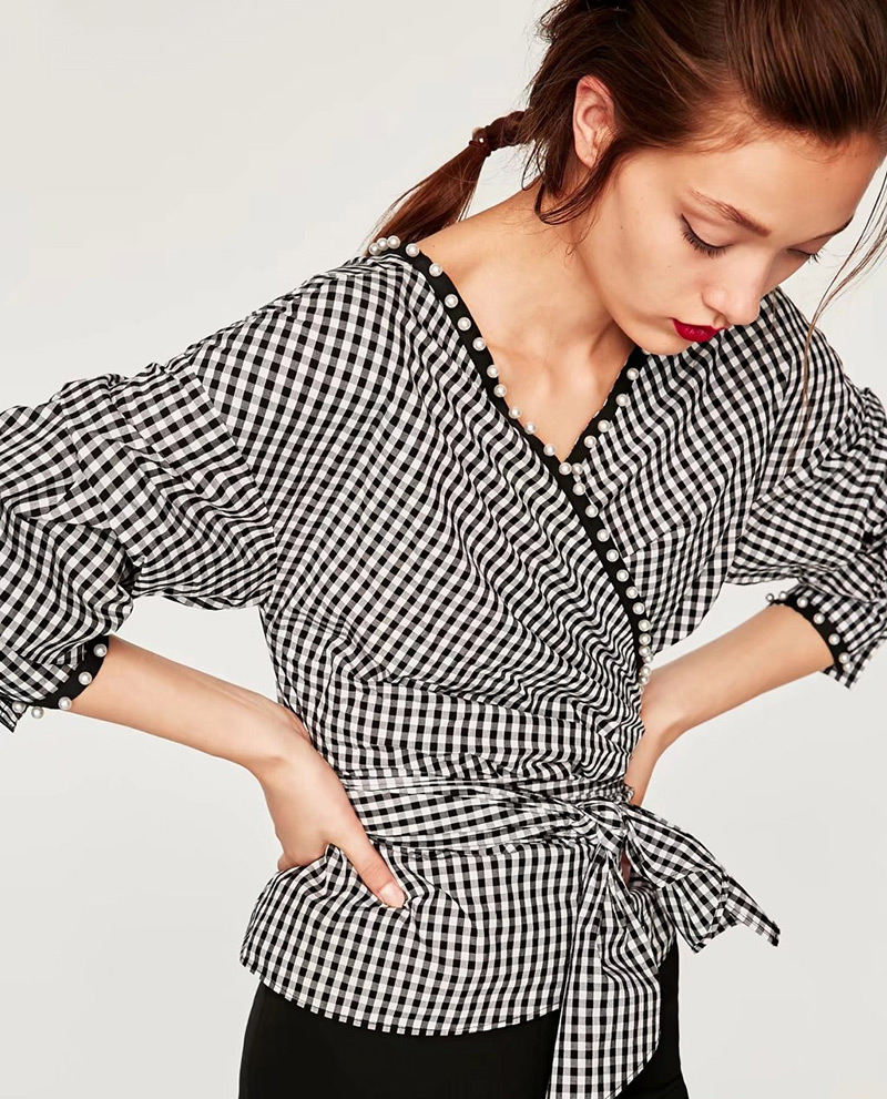 Fashion White+black Grid Pattern Decorated Long Sleeves Blouse(wear Both Sides),Blouses