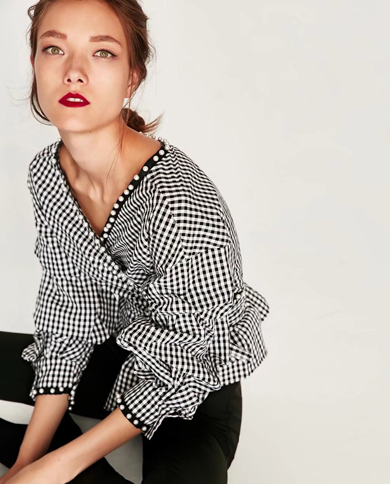 Fashion White+black Grid Pattern Decorated Long Sleeves Blouse(wear Both Sides),Blouses