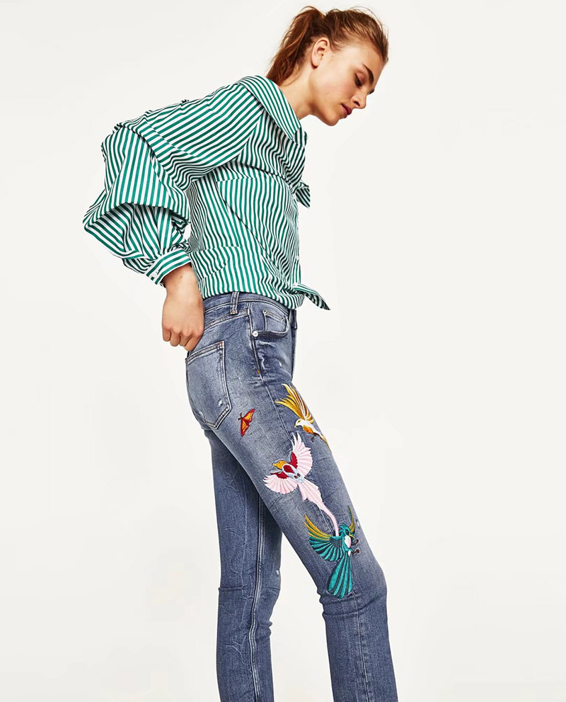 Trendy Blue Embroidered Phoenix Decorated Simple Jeans,Pants