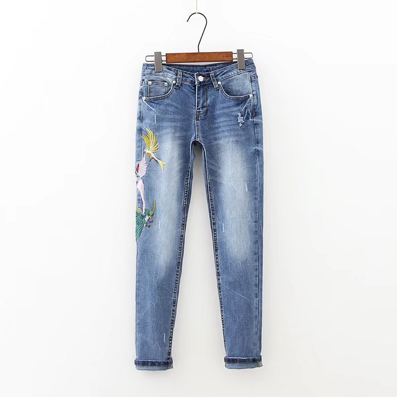 Trendy Blue Embroidered Phoenix Decorated Simple Jeans,Pants