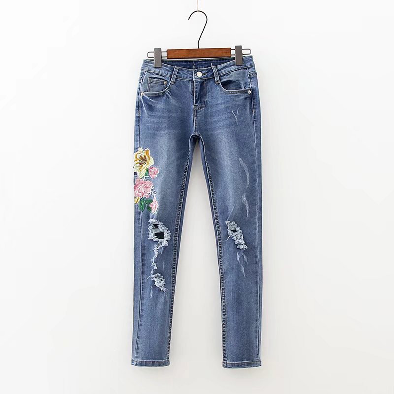 Trendy Blue Embroidered Peony Decorated Simple Jeans,Pants