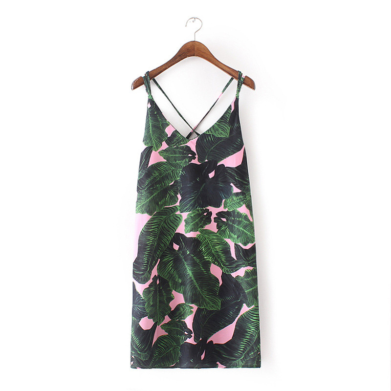 Trendy Green Palm Leaves Pattern Decorated Suspender Dress,Long Dress