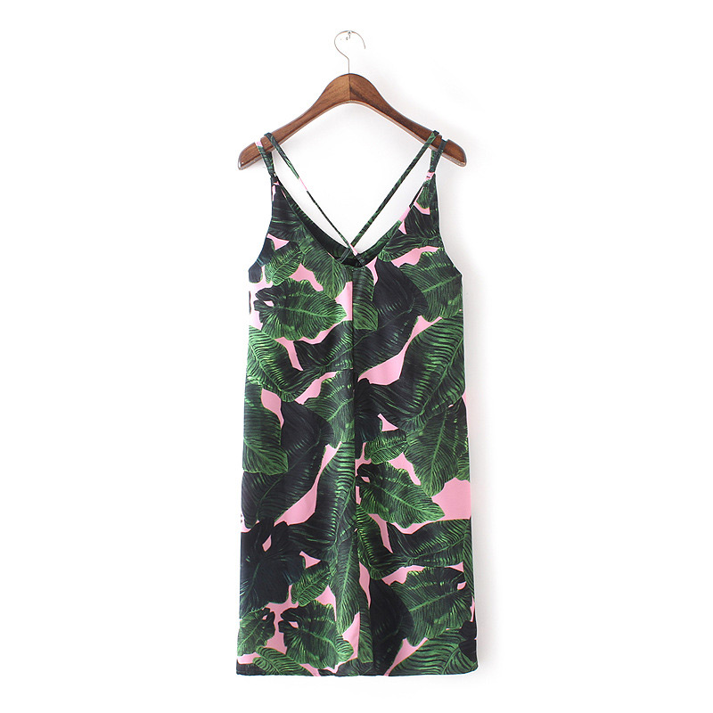 Trendy Green Palm Leaves Pattern Decorated Suspender Dress,Long Dress