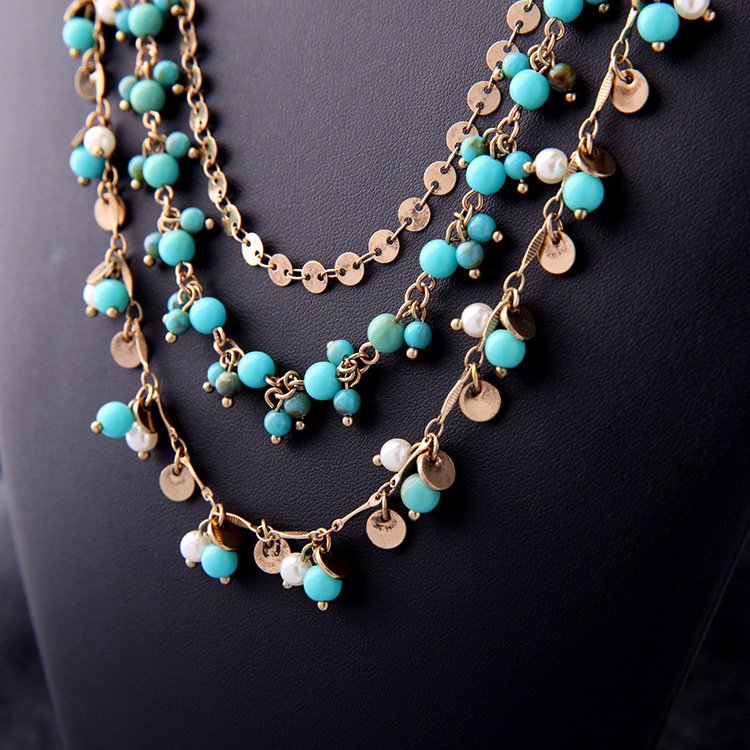 Vintage Antique Gold+blue Sequins&beads Decorated Multi-layer Necklace,Multi Strand Necklaces
