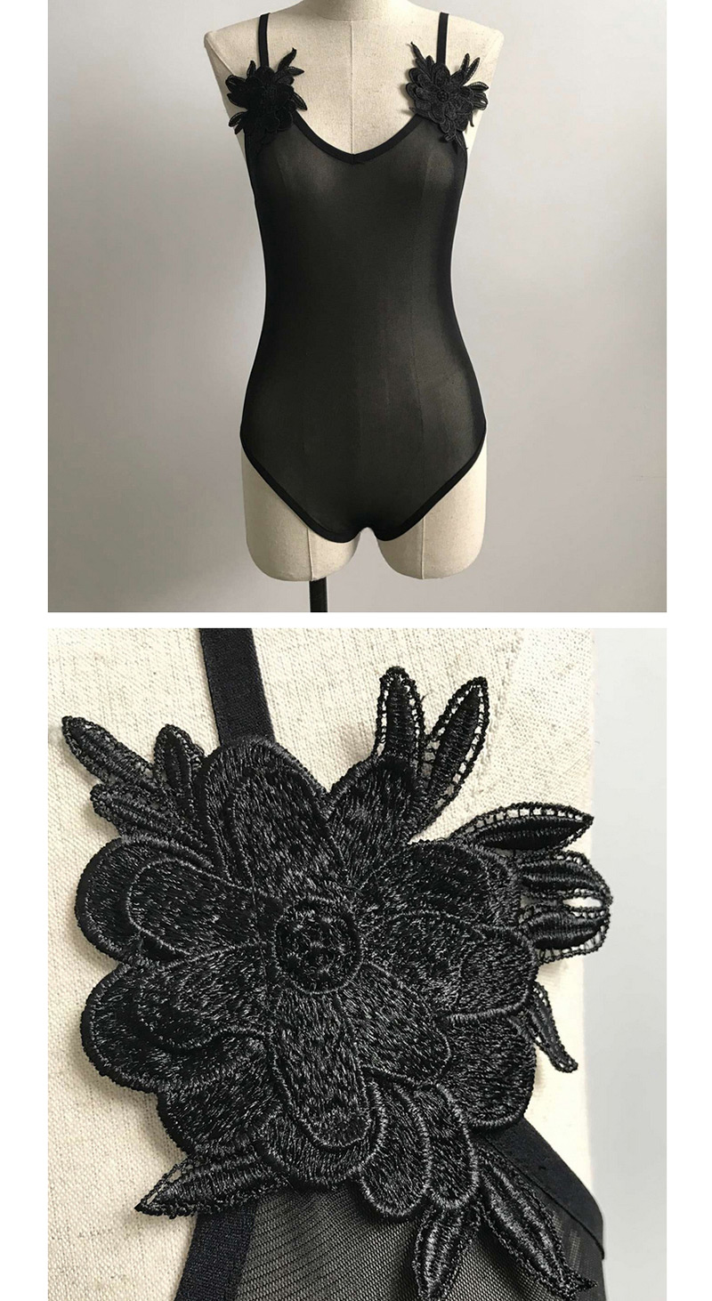 Sexy Black Flowers Decorated Pure Color Jumpsuit,SLEEPWEAR & UNDERWEAR