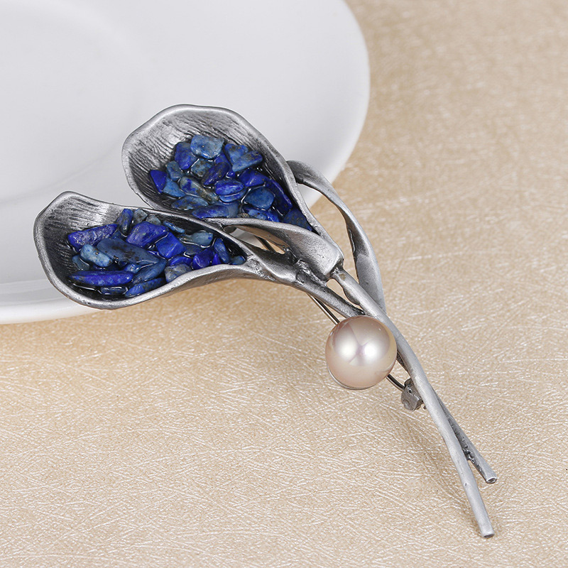 Fashion Blue+coffee Gemstone&pearls Decorated Flower Shape Brooch,Korean Brooches
