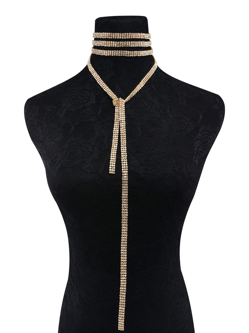 Elegant Gold Color Full Diamond Decorated Long Tassel Design Necklace,Chokers