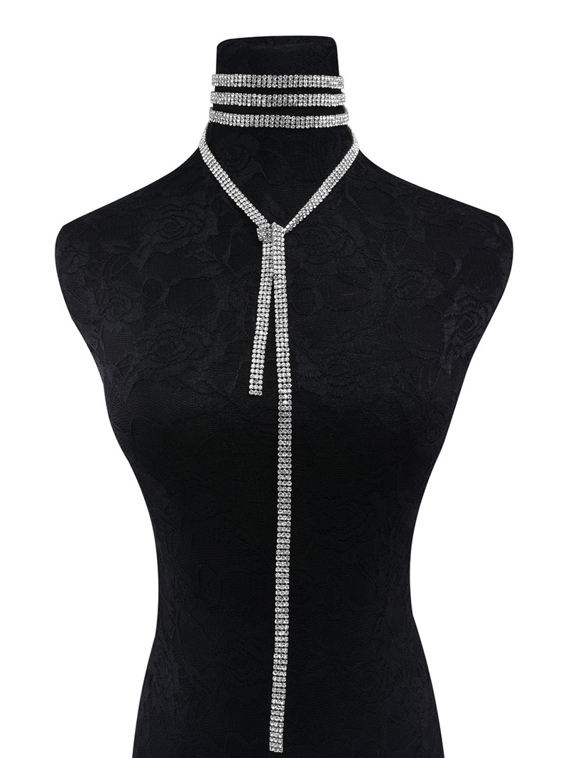 Elegant Silver Color Full Diamond Decorated Long Tassel Design Necklace,Chokers