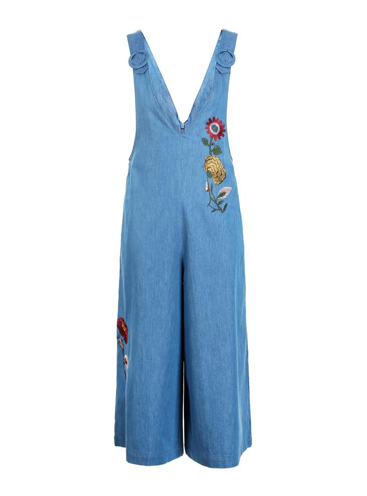 Fashion Blue Embroidered Flower Decorated Wide Leg Rompers,Pants