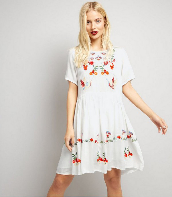 Fashion White Embroidery Flower Decorated Short Sleeves Dress,Long Dress