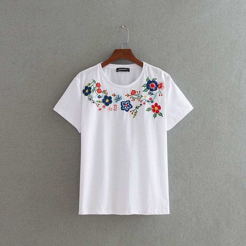 Personality White Embroidery Flower Decorated T-shirt,Tank Tops & Camis