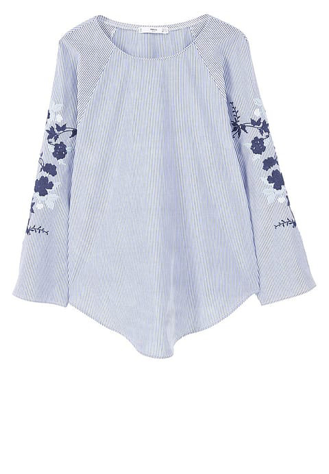 Vinatge Blue Embroidery Flower Decorated Blouse,Tank Tops & Camis