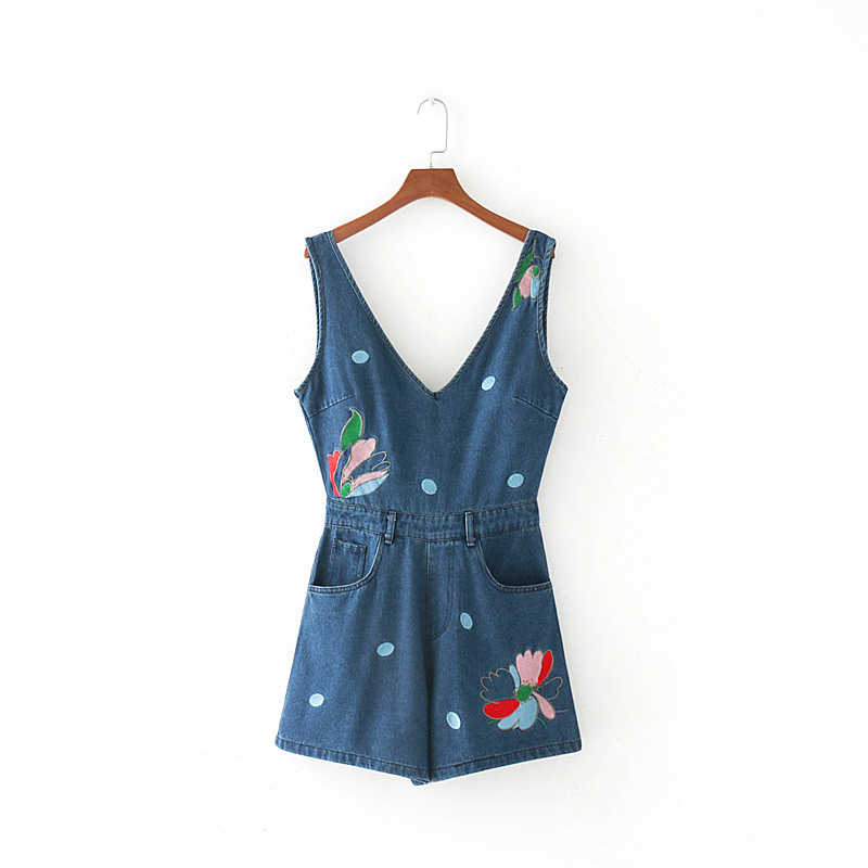 Fashion Blue Embroidery Flower Decorated Jumpsuits,Pants