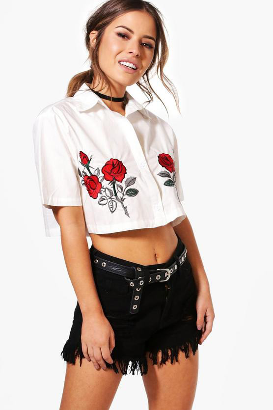 Vintage White Rose Shape Decorated T-shirt,Tank Tops & Camis