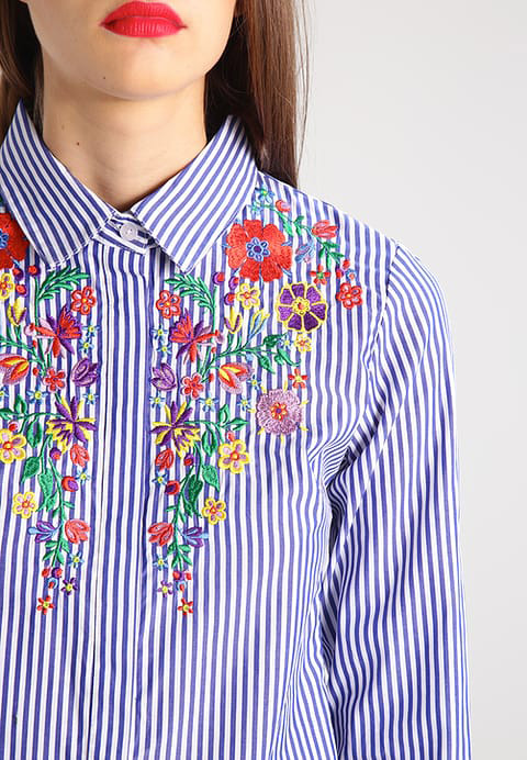 Vintage Blue Embroidery Decorated Long Shirt,Blouses