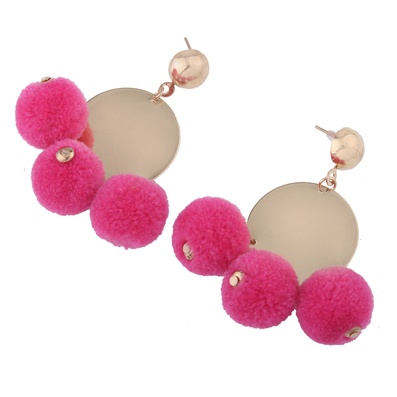 Bohemia Plum-red Fuzzy Ball Decorated Pom Earrings,Drop Earrings