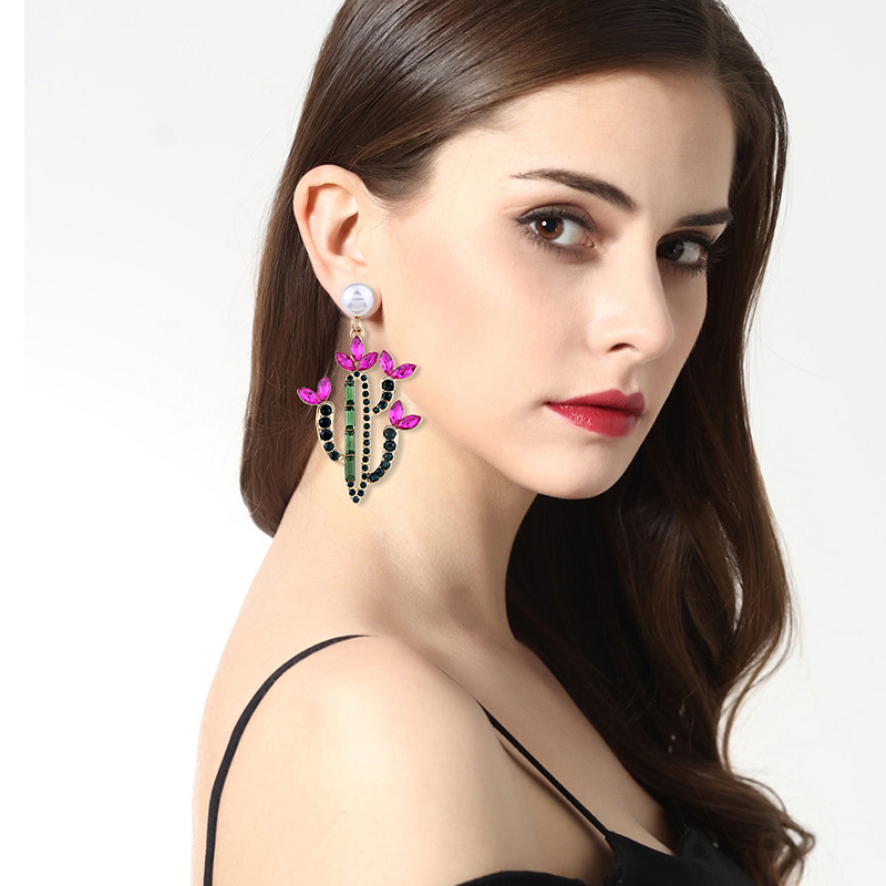 Personality Pink+green Cactus Shape Decorated Earrings,Drop Earrings