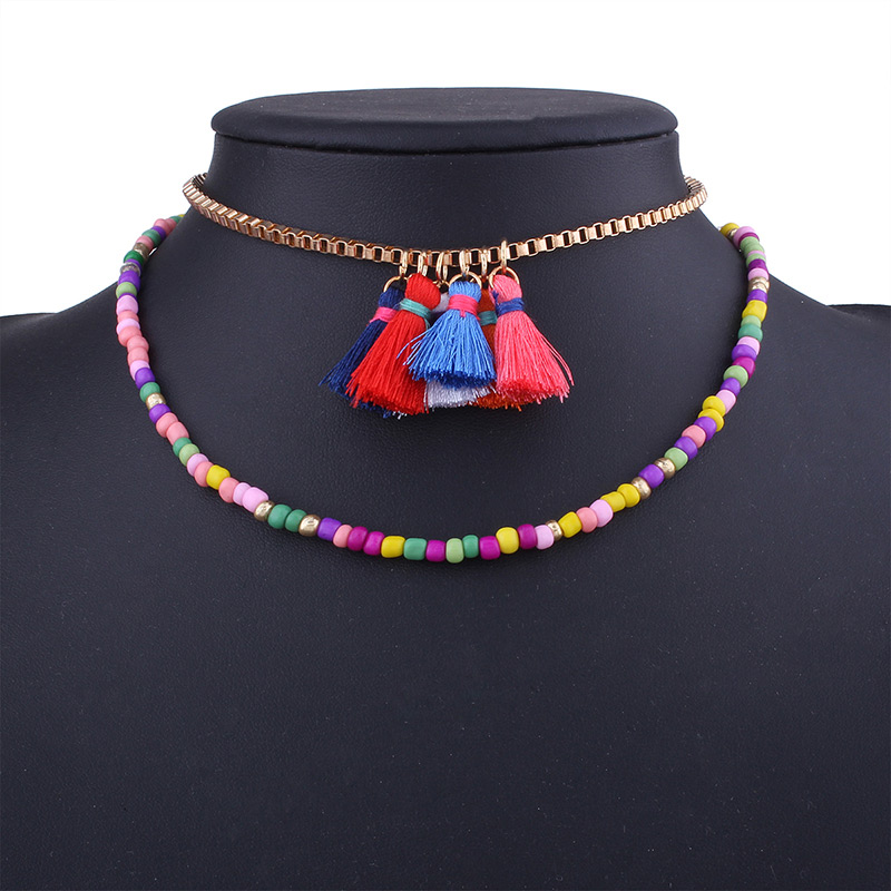 Bohemia Multi-color Tassel Decorated Double Layer Necklace,Multi Strand Necklaces