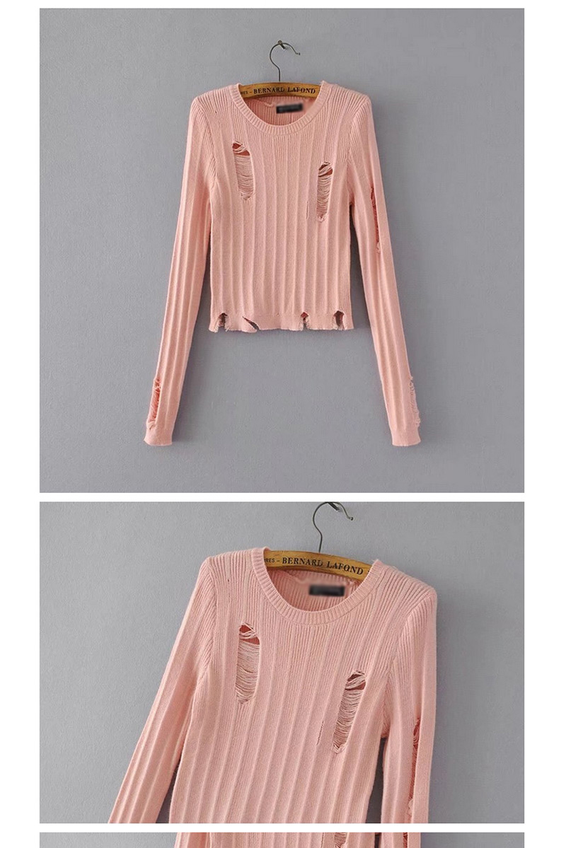 Fashion Pink Pure Color Decorated Sweater (Amc_撕毁毛衣粉红色聚酯纤维873id554927787275),Sweater