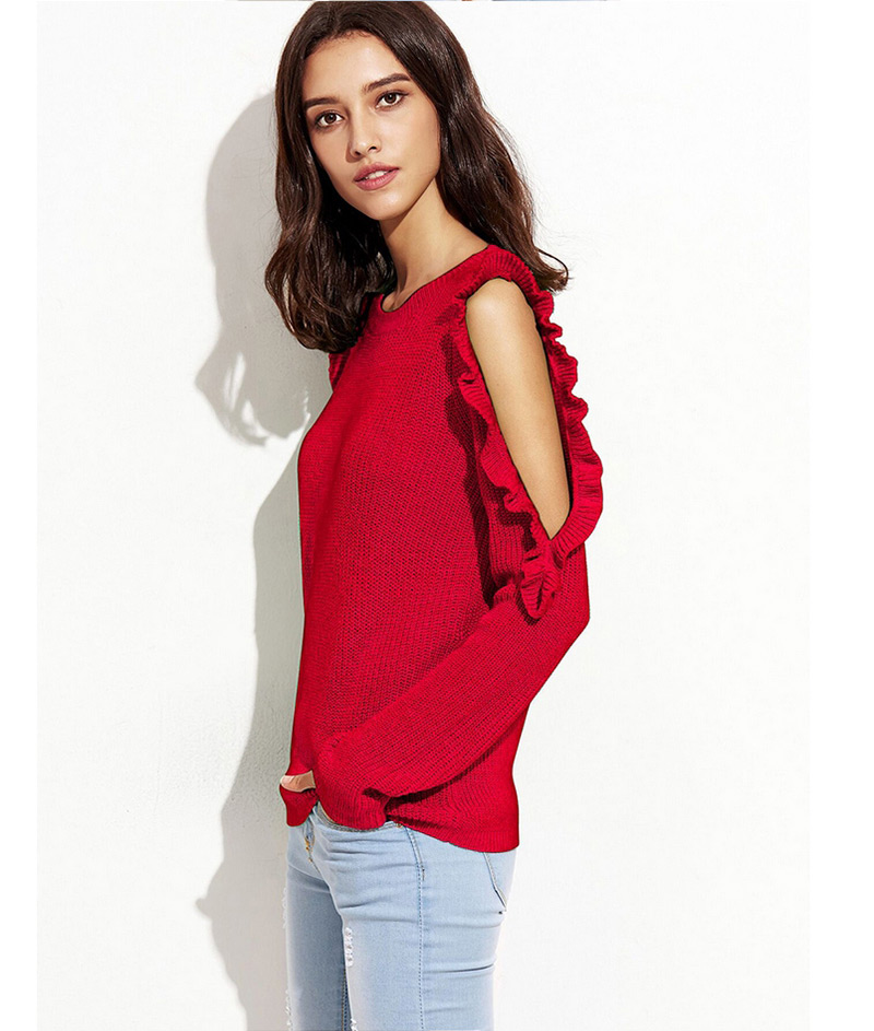 Elegant Red Pure Color Decorated Sweater,Sweater