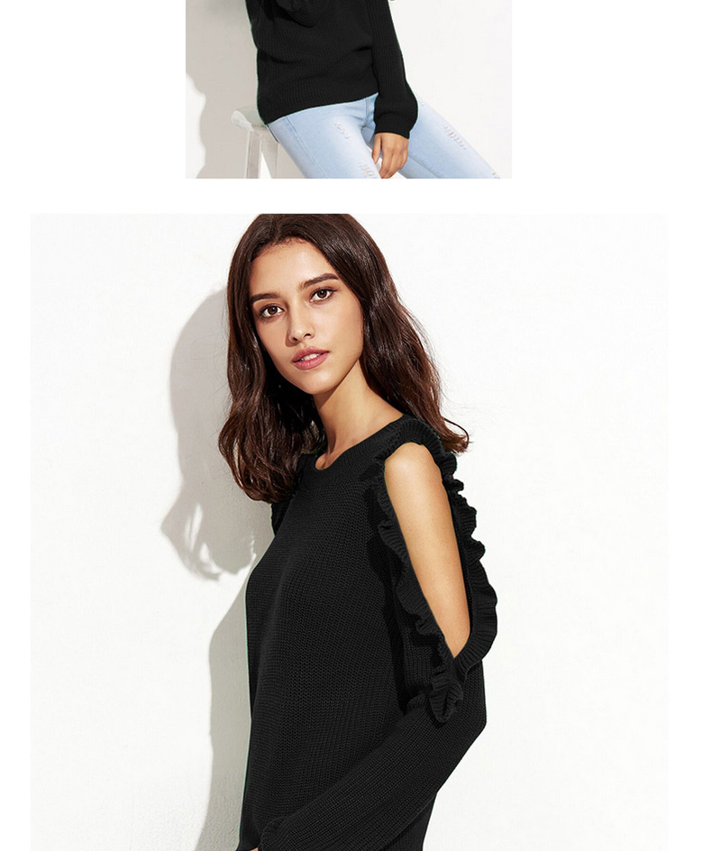 Elegant Black Pure Color Decorated Sweater,Sweater