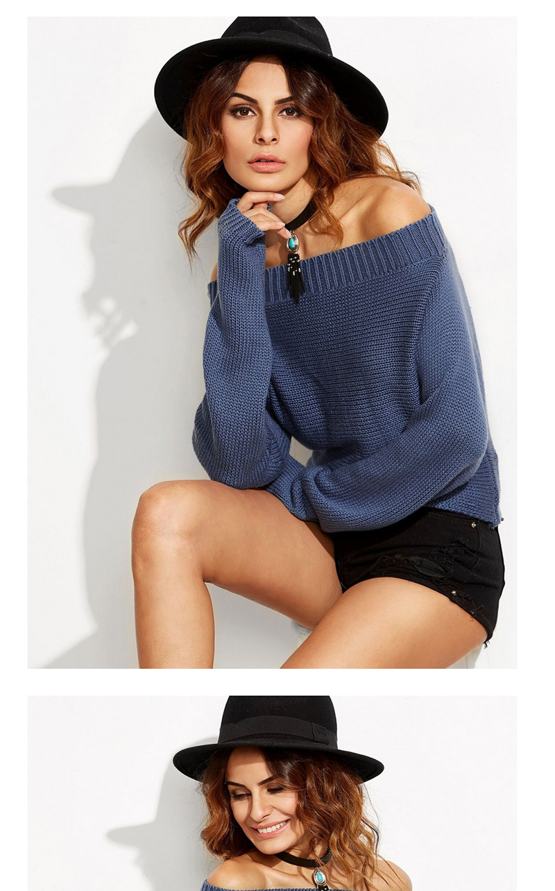 Sexy Dark Blue Off The Shoulder Decorated Sweater,Sweater