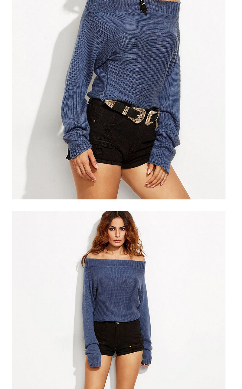 Sexy Dark Blue Off The Shoulder Decorated Sweater,Sweater