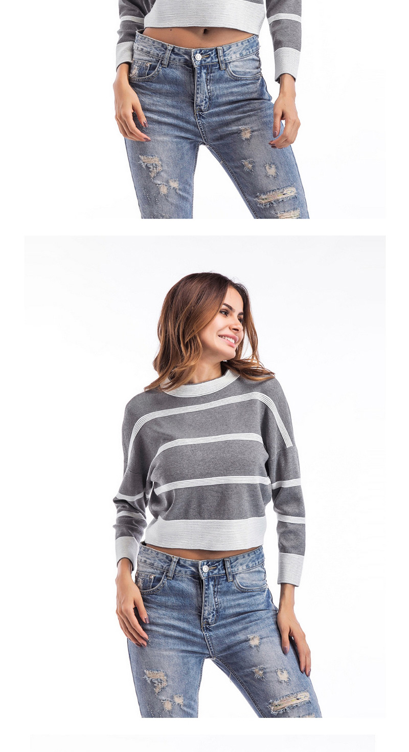 Fashion Gray Color-matching Decorated Round Mackline Sweater,Sweater