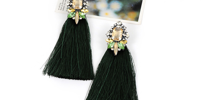 Elegant Green Square Shape Diamond Decorated Tassel Earrings,Drop Earrings