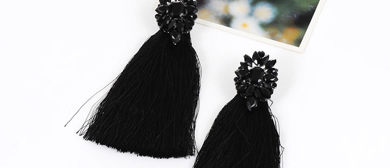 Elegant Black Square Shape Diamond Decorated Tassel Earrings,Drop Earrings