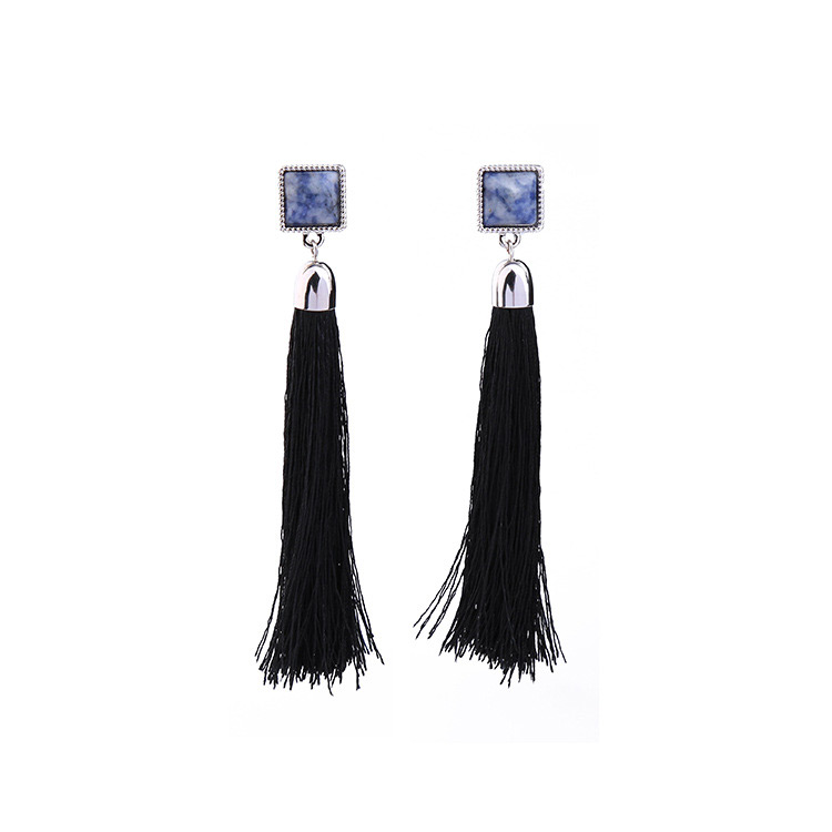 Bohemia Black Square Shape Decorated Tassel Earrings,Drop Earrings