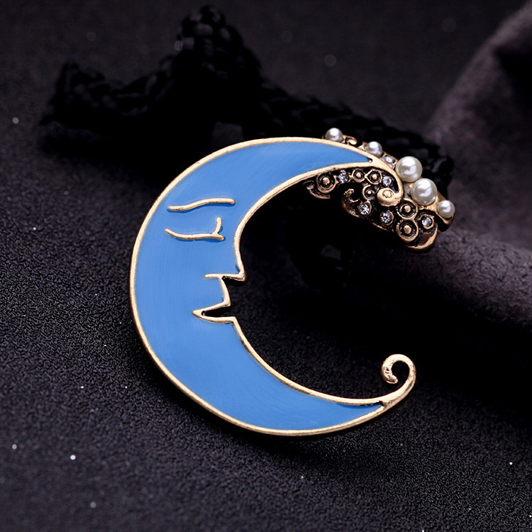 Vintage Blue Moon Shape Decorated Brooch,Korean Brooches