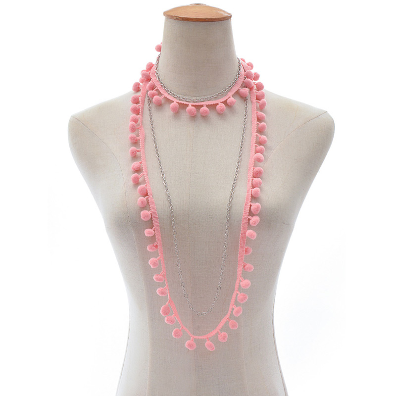 Vintage Pink Pure Color Decorated Pom Necklace,Multi Strand Necklaces