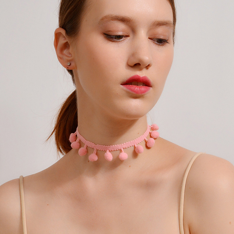 Lovely Pink Fuzzy Ball Decorated Pom Necklace,Chokers
