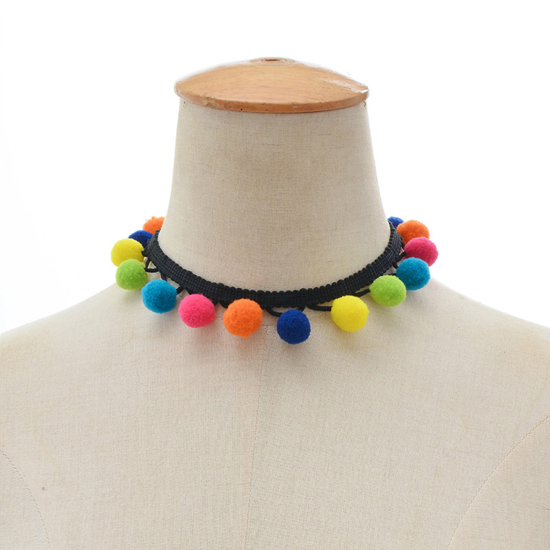 Lovely Multi-color Fuzzy Ball Decorated Pom Necklace,Chokers