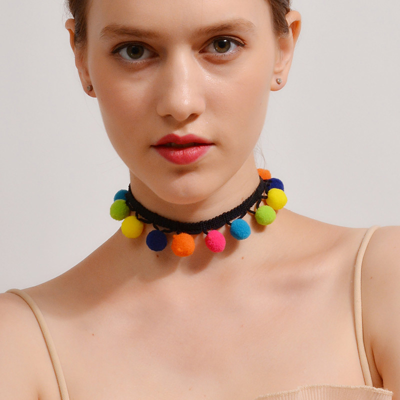 Lovely Multi-color Fuzzy Ball Decorated Pom Necklace,Chokers