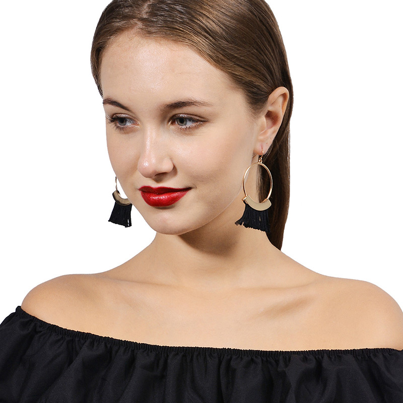 Bohemia Black Tassel Decorated Round Earrings,Drop Earrings