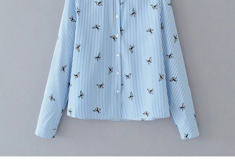Fashion Blue Swallows Decorated Shirt,Blouses