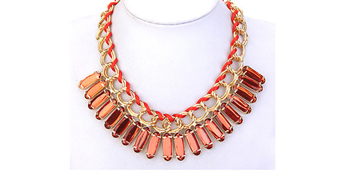 Trendy Pink Square Shape Diamond Decorated Pure Color Necklace,Pendants