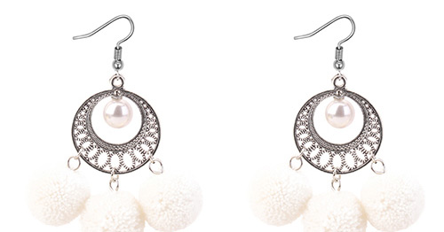 Bohemia White Hollow Out Decorated Pom Earrings,Drop Earrings