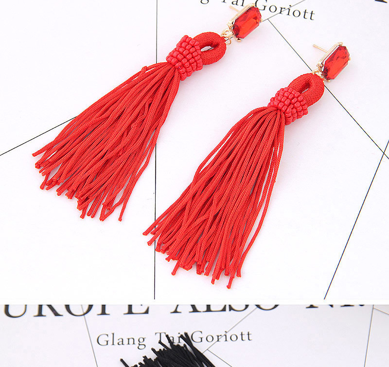 Trendy Plum Red Long Tassel Decorated Pure Color Earrings,Drop Earrings