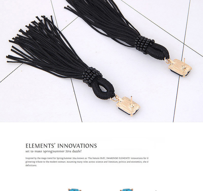 Trendy Black Long Tassel Decorated Pure Color Earrings,Drop Earrings