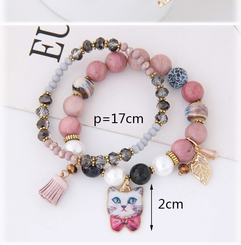 Elegant Pink Cat&leaf Decorated Double Layer Bracelet,Fashion Bracelets