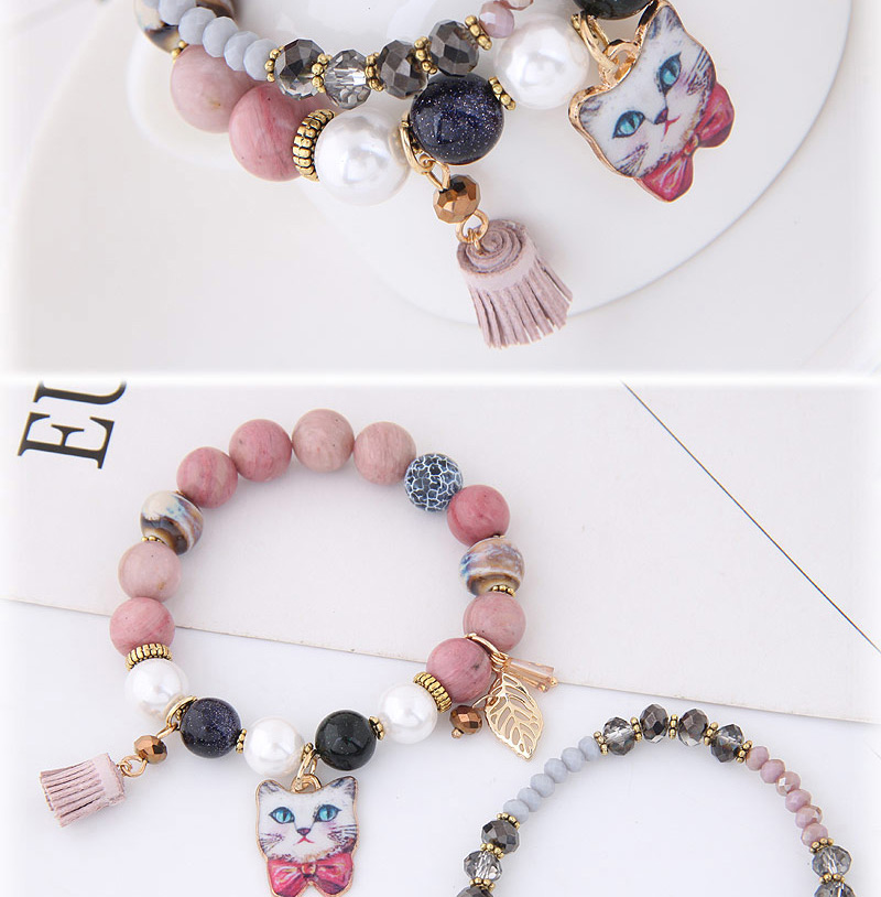 Elegant Pink Cat&leaf Decorated Double Layer Bracelet,Fashion Bracelets