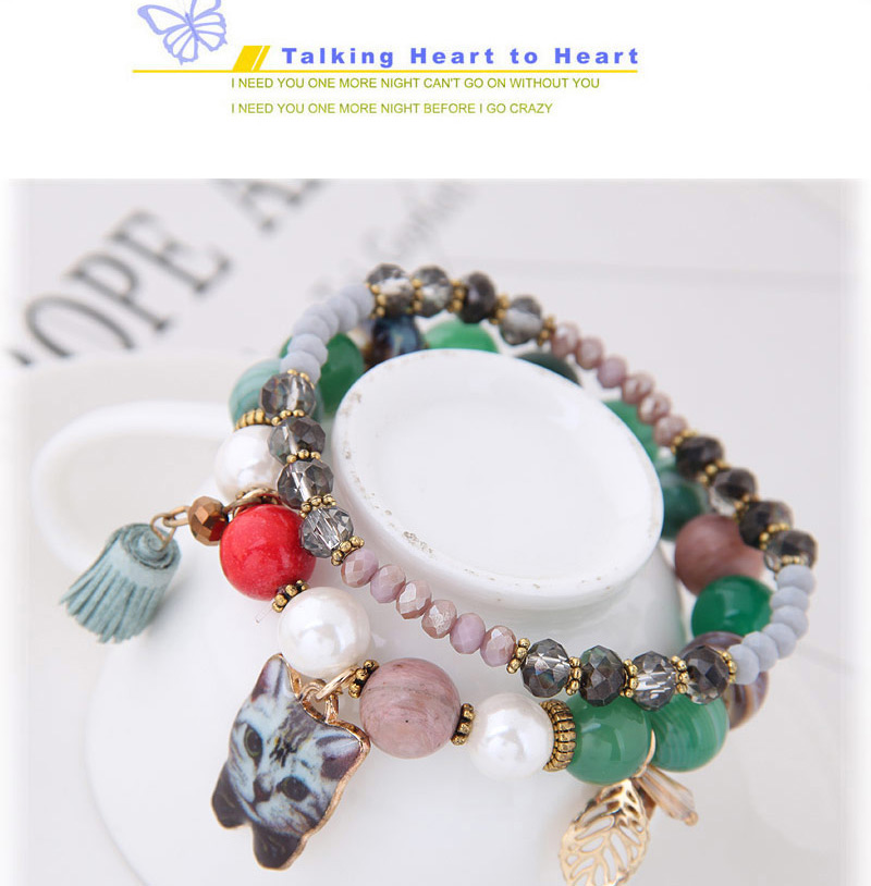 Elegant Olive Cat&leaf Decorated Double Layer Bracelet,Fashion Bracelets