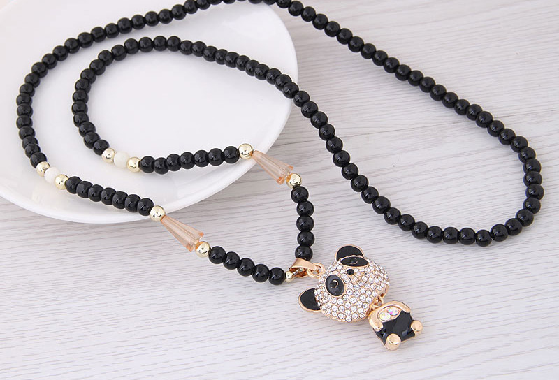 Fashion Gold Color+black Bear Pendant Decorated Long Necklace,Beaded Necklaces