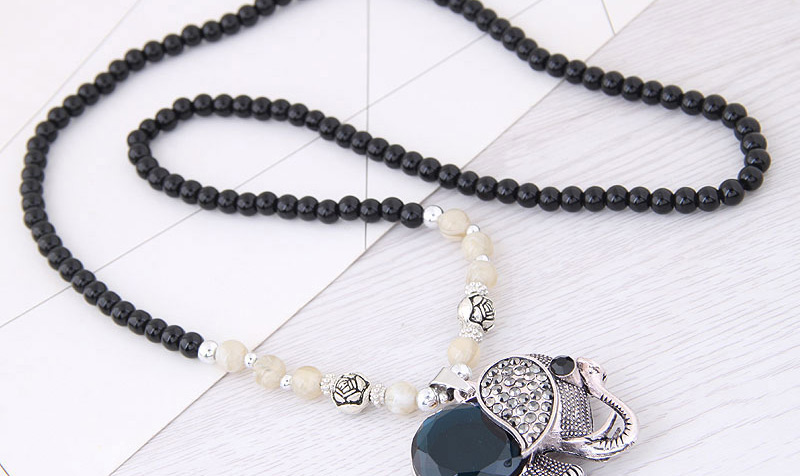 Fashion Silver Color+black Elephant Pendant Decorated Long Necklace,Beaded Necklaces