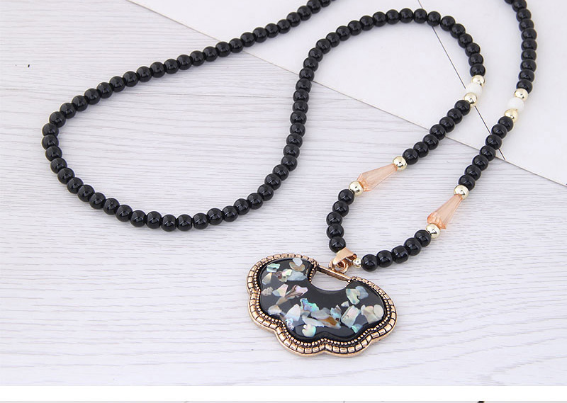 Fashion Black Longevity Lock Pendant Decorated Long Necklace,Beaded Necklaces